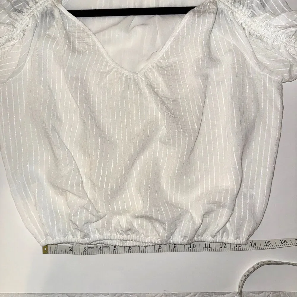 ASTR the Label Ruched Puff Long Sleeve Top White Sheer Pinstripe Blouse VNeck XS
